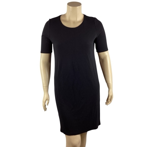 Eileen Fisher Black Short Sleeve Scoop Neck Stretch Mini Dress L - Picture 1 of 7